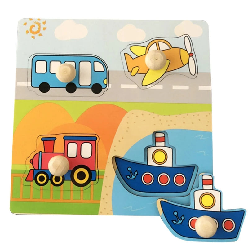 4 transportation themed wood block puzzle featuring chunky wooden puzzles