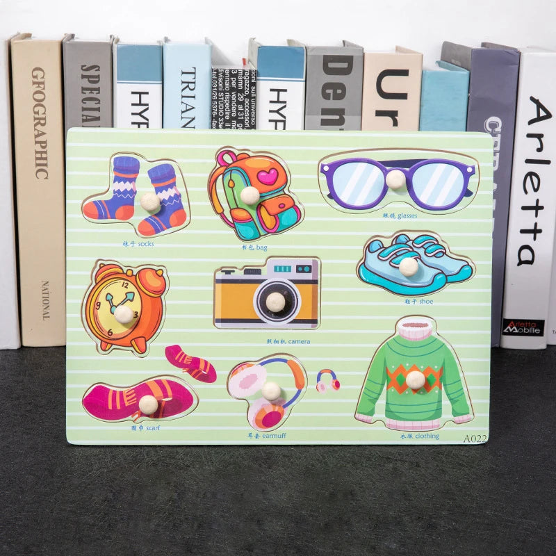 Acessories themed wood block puzzle featuring chunky wooden puzzles