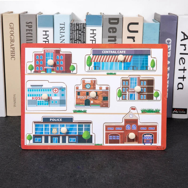 City themed wood block puzzle featuring wooden alphabet and number puzzle