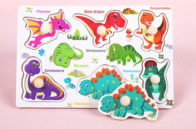 Dinosaurs themed wood block puzzle featuring wooden alphabet and number puzzle