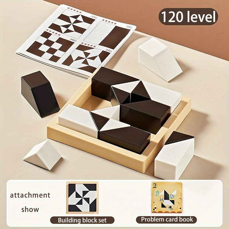 Building block set with geometric shapes and a problem card book on a beige surface.
