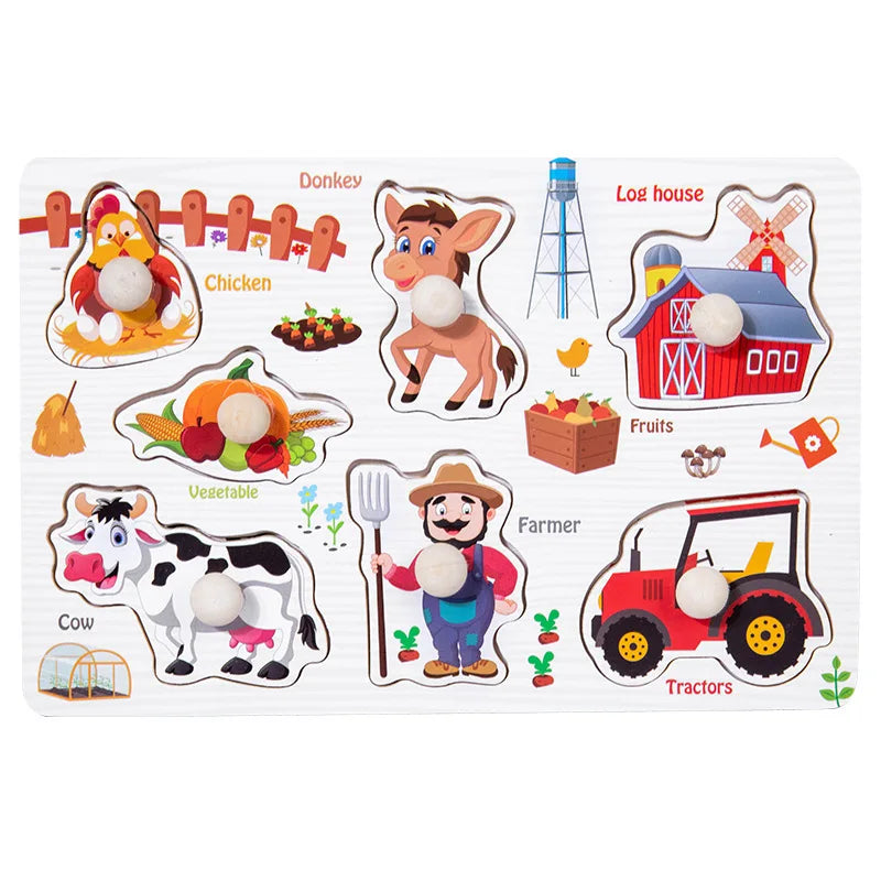 Farm themed wood block puzzle featuring wooden jigsaw puzzles for 3 year olds
