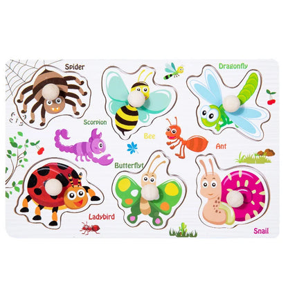 Insects themed wood block puzzle featuring first learning wooden puzzles