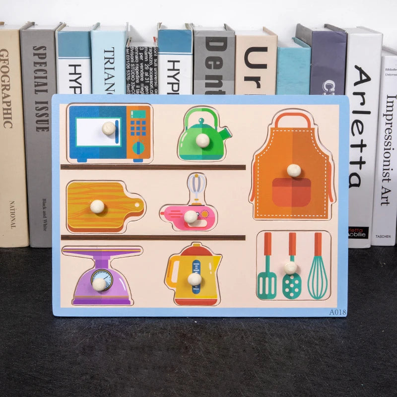 Kitchen themed wood block puzzle featuring nail in a block of wood puzzle