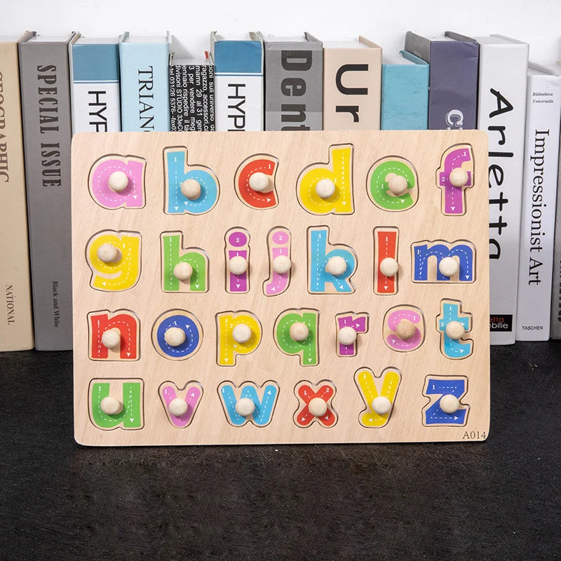 Letters and nails themed wood block puzzle featuring nail in a block of wood puzzle