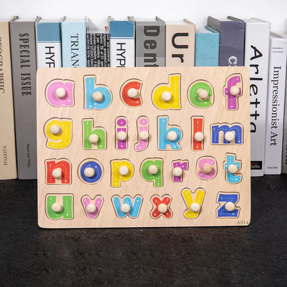 Letters and nails themed wood block puzzle featuring nail in a block of wood puzzle