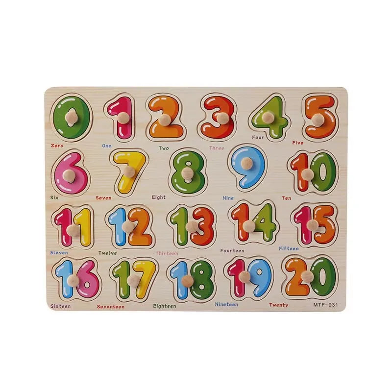 Play themed wood block puzzle featuring wooden alphabet and number puzzle