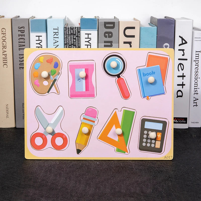 School themed wood block puzzle featuring activity puzzle