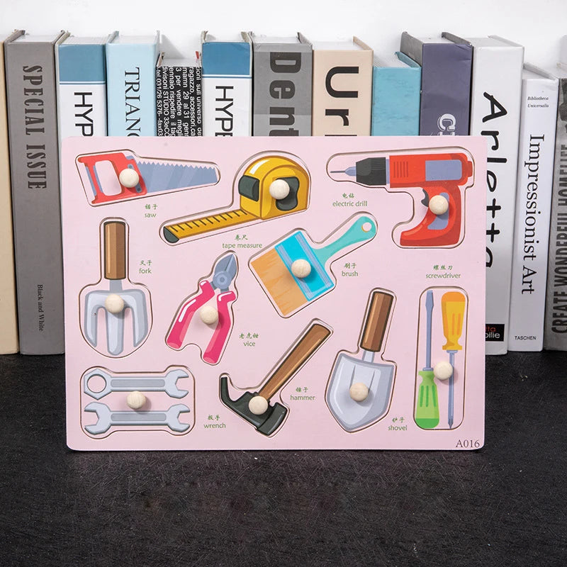 Tools themed wood block puzzle featuring wooden alphabet and number puzzle