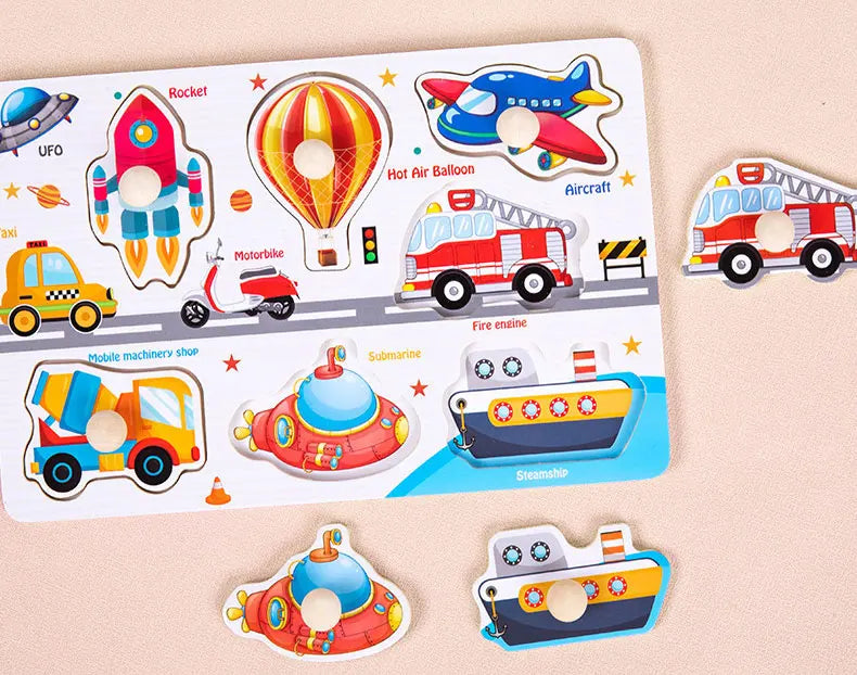 Transportation themed wood block puzzle featuring animals puzzle game