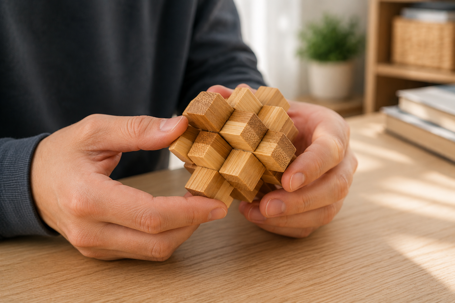 Hands holding a wooden brain teaser puzzle for adults and kids