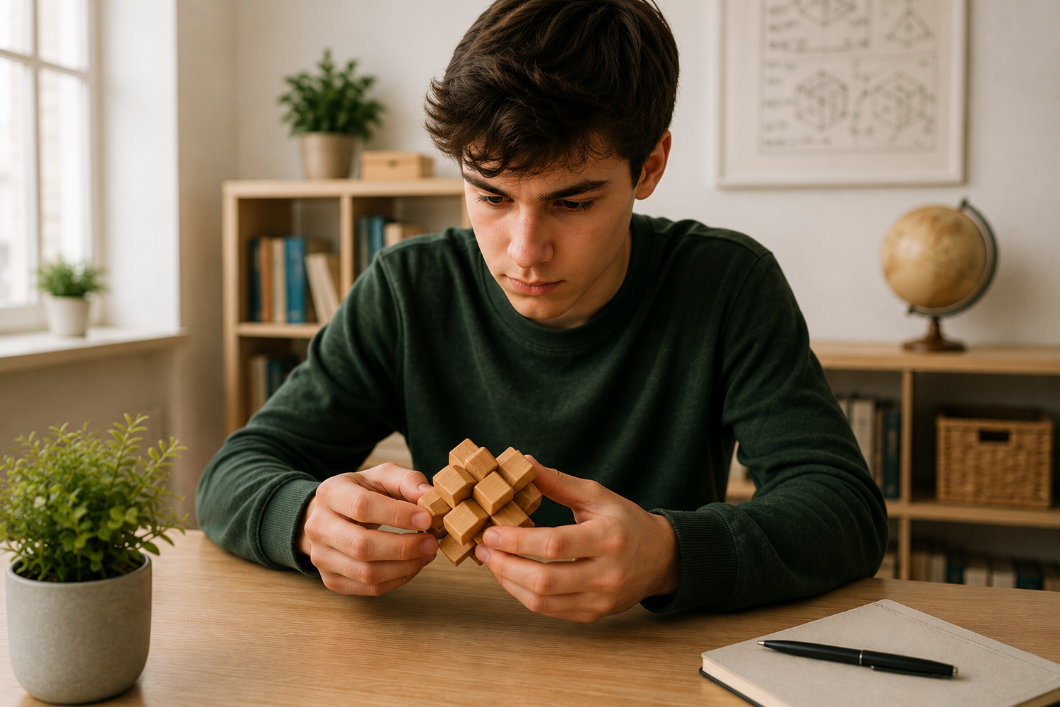 Young person solving a wooden brain teaser puzzle at a table