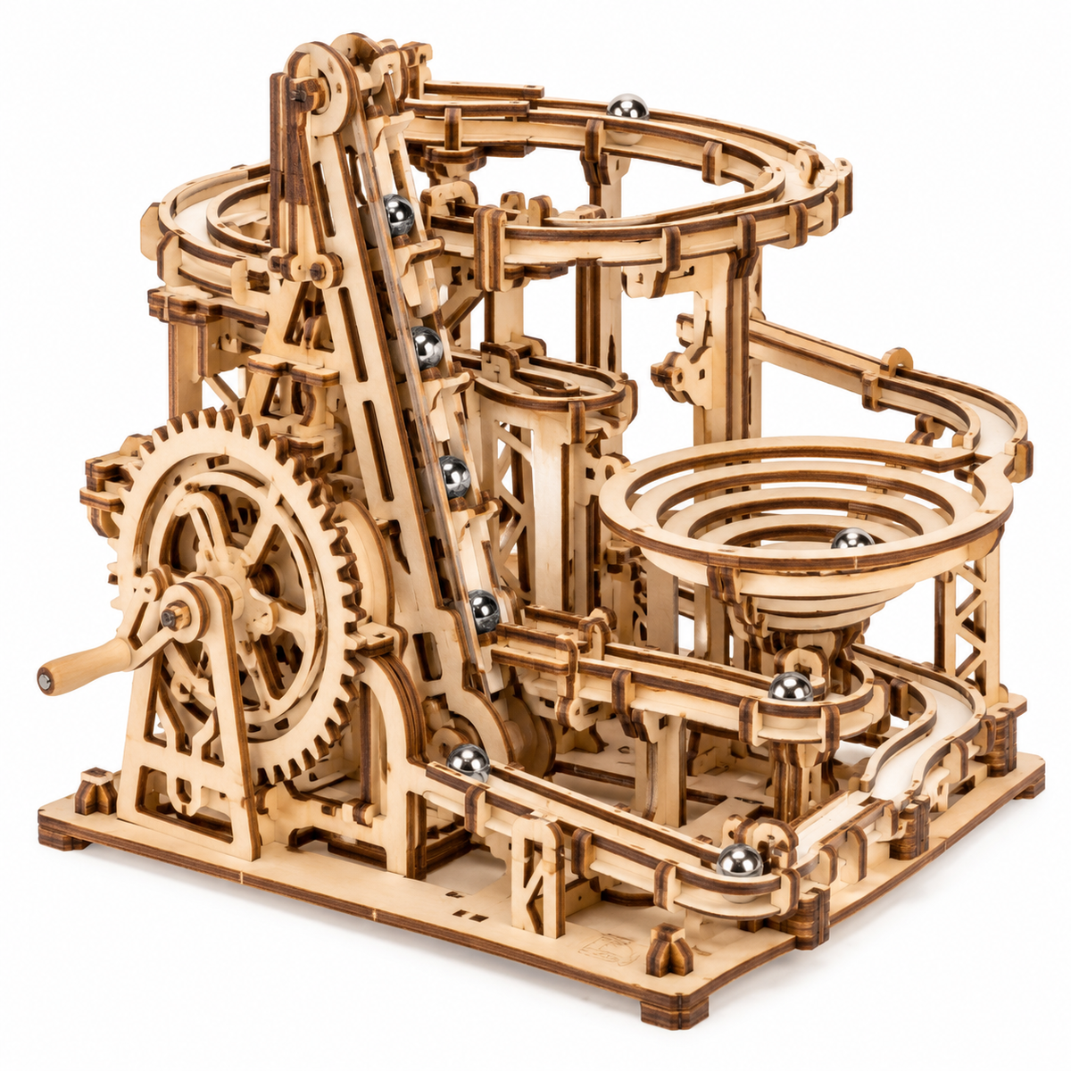 Wooden marble run kit with gears, tracks and hand-crank mechanical system