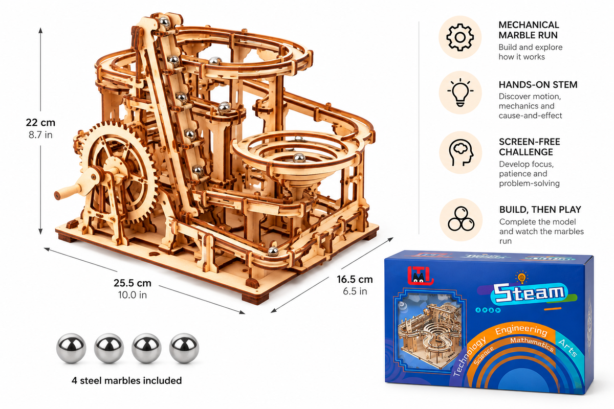 Wooden marble run kit dimensions with four steel marbles and instruction booklet