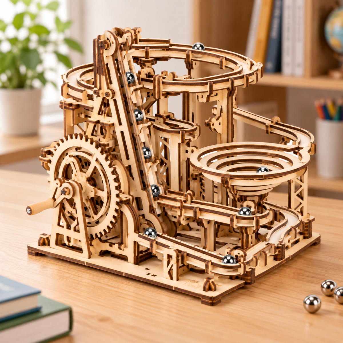 Wooden marble run kit showing hand crank, gears and mechanical track system