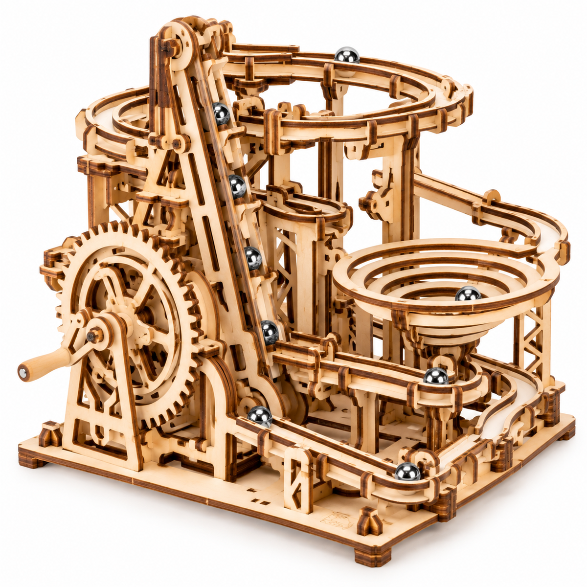 3D wooden marble run kit with mechanical tracks, spiral funnel and steel marbles