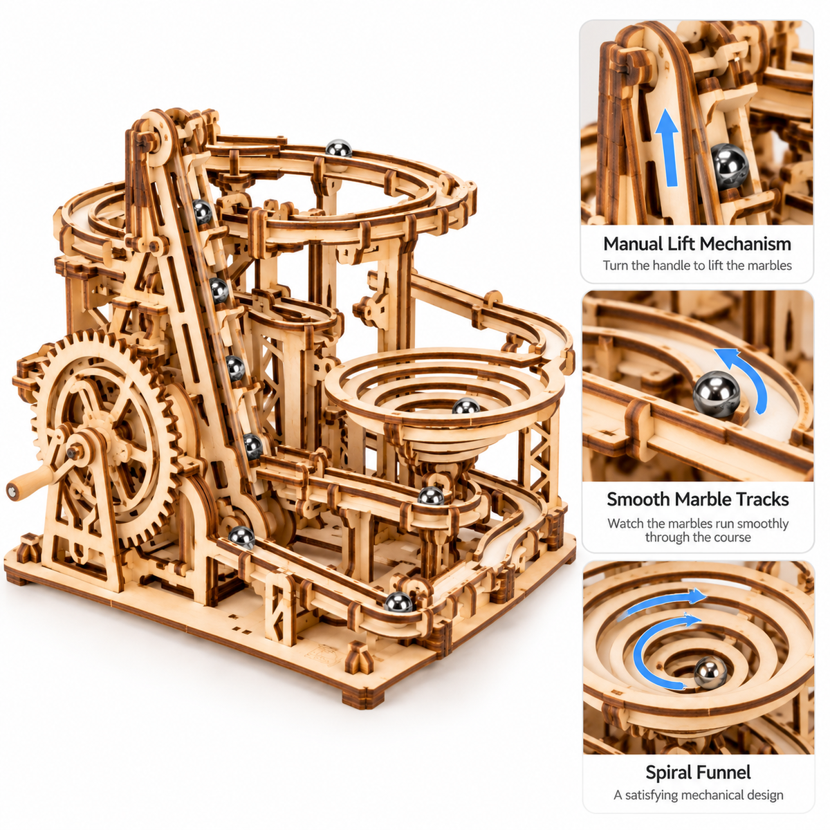 Wooden marble run showing manual lift, marble tracks and spiral funnel mechanism
