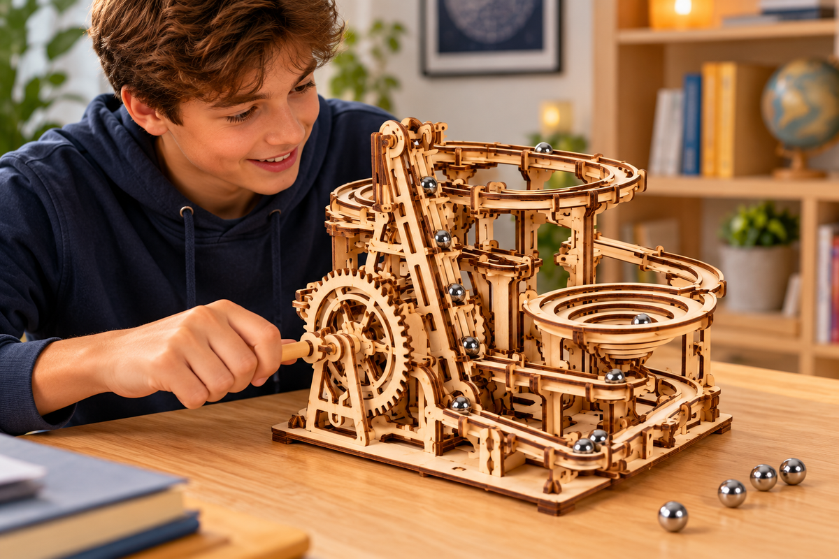 Teenager building and operating a wooden mechanical marble run kit