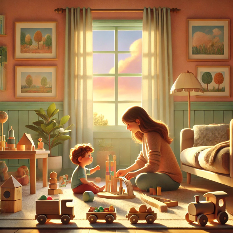 A cozy, Pixar-style living room where a mother and son play with wooden toys, including blocks and a train set. Warm lighting and pastel walls create a loving, educational play atmosphere.