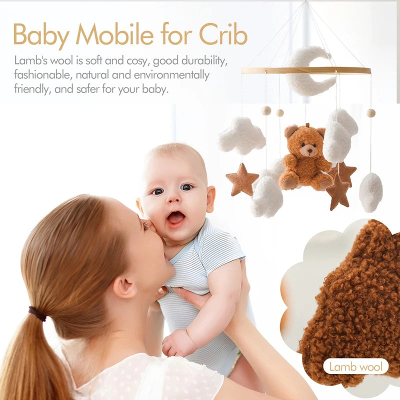 Baby mobile with teddy bear and stars hanging above a baby and mother, with text about lamb's wool.