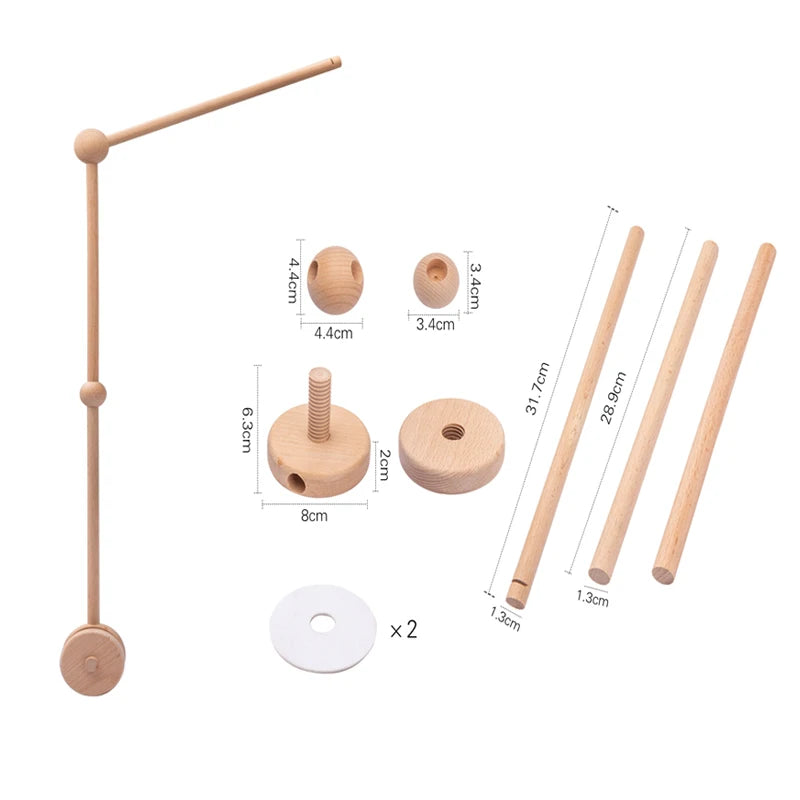 Wooden toy components with measurements on a white background